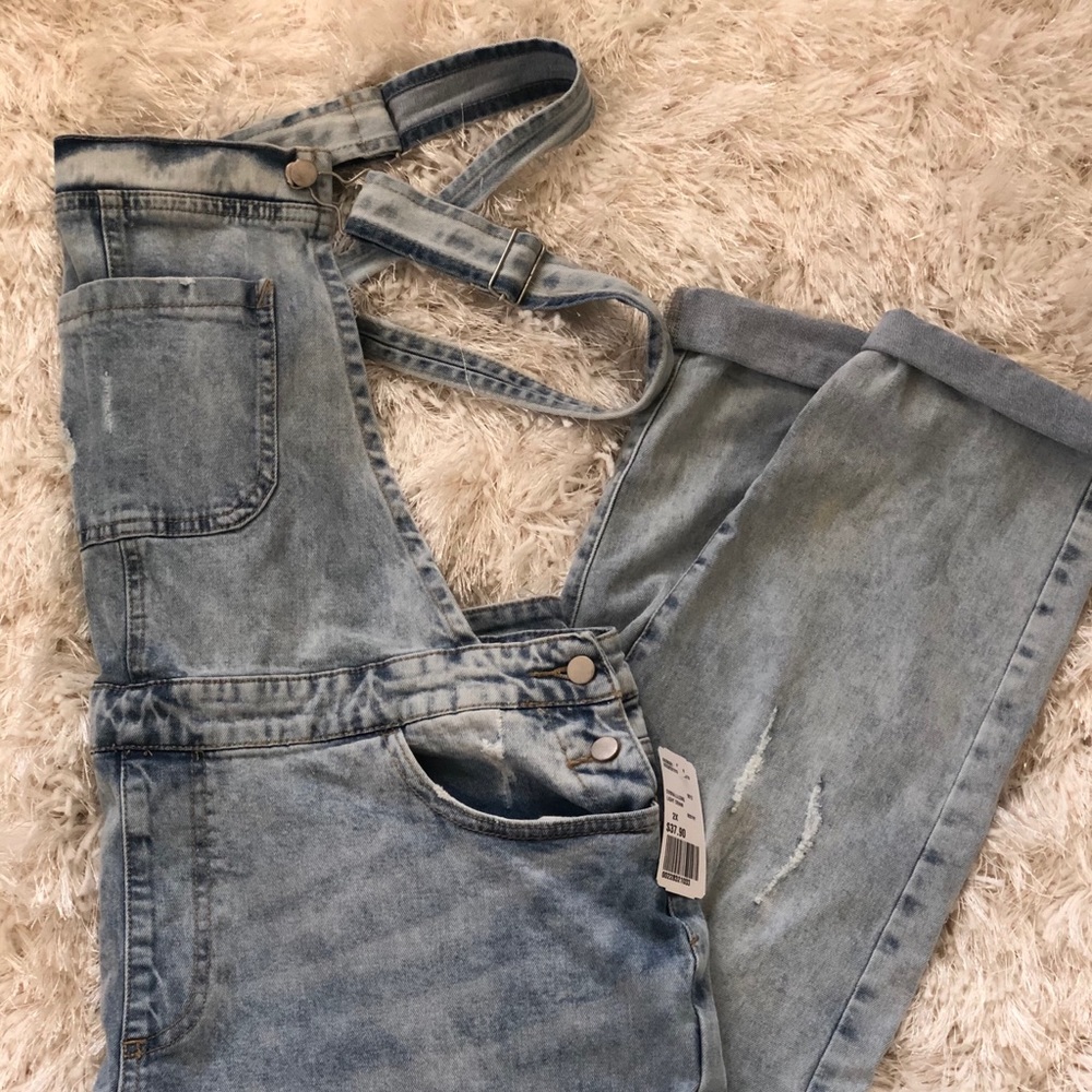 NWT Forever 21 Light Blue Distressed Overalls